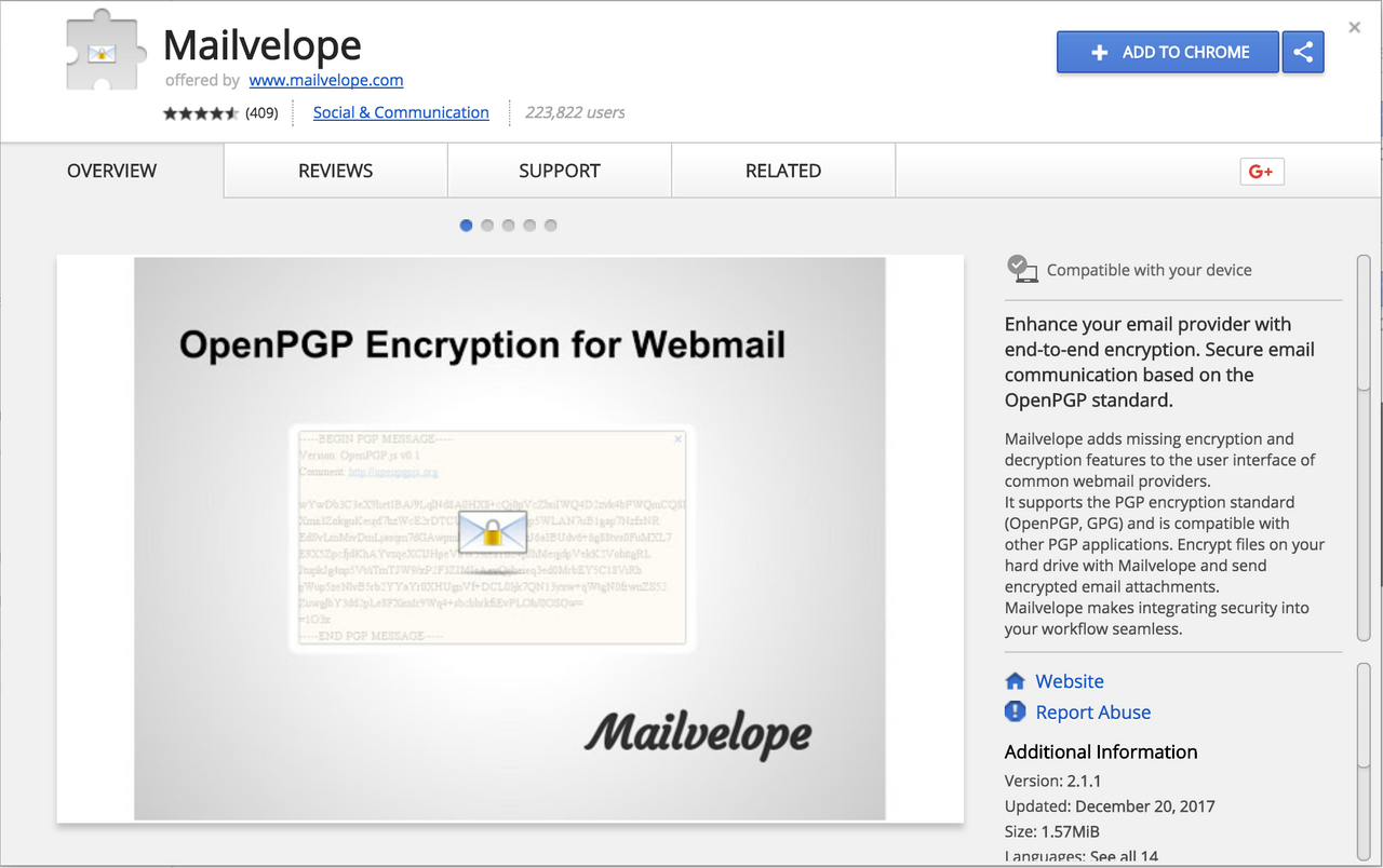 Chrome webstore listing for mailvelope