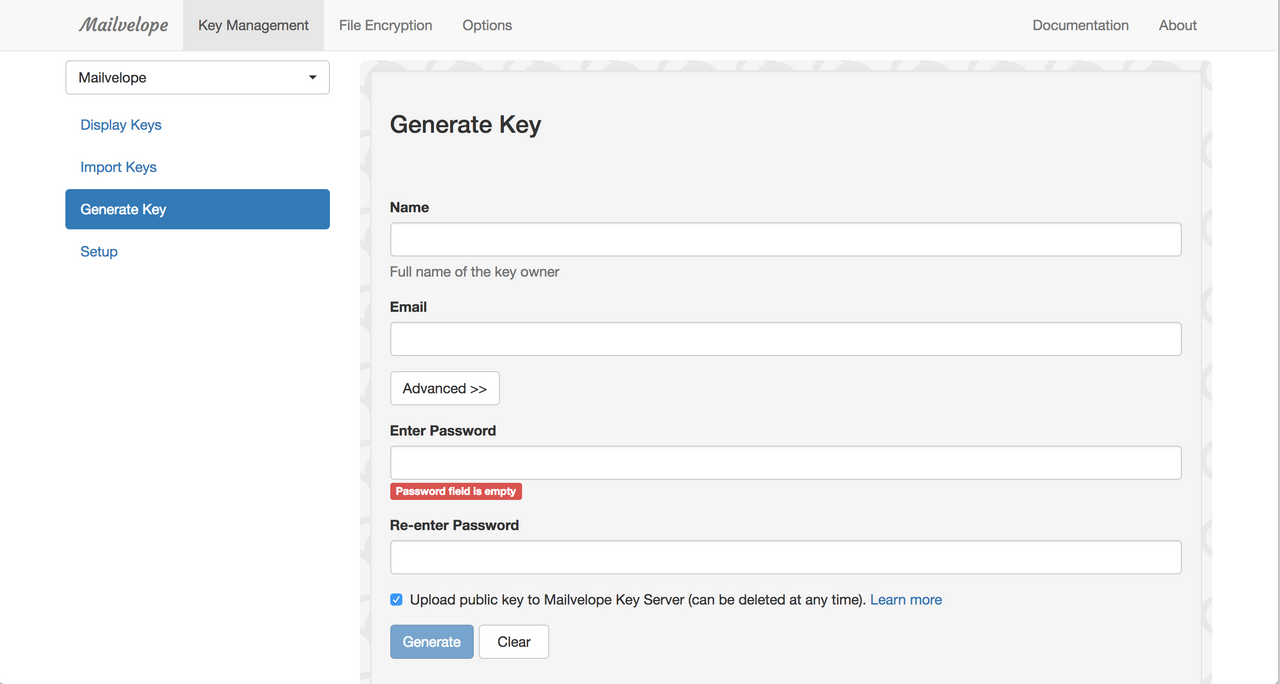 Mailvelope key generation form