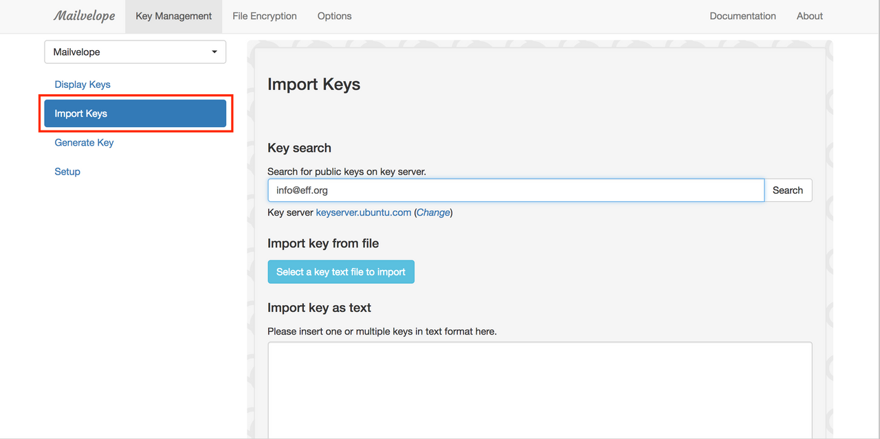 Importing keys into the mailvelope key ring