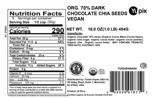 1 Yupik Organic 70% Dark Chocolate Chia Seeds, 1 lb, Dark Chocolate Covered Chia Seeds, Crunchy Snack, Delicious Topping, Quality Dark Chocolate, Vegan, GMO-Free, Gluten-Free, Lactose-Free