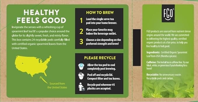 6 Organic Spearmint Tea K-Cup Pods, 24 Pods by FGO - Keurig Compatible - Naturally Caffeine-Free Herbal Tea, Premium Spearmint Tea is USDA Organic, Non-GMO, & Recyclable