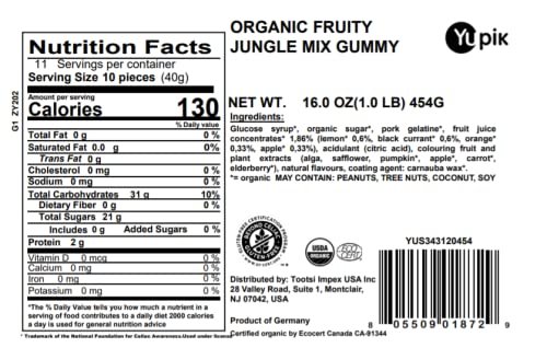 1 Yupik Organic Fruity Jungle Mix, 16 oz, Gummy Candy, GMO-Free, Gluten-Free, Multi, Pack of 1