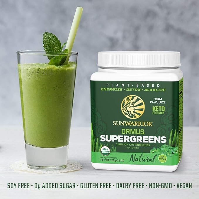 3 Sunwarrior Vegan Organic Greens Probiotic Powder | 2 Billion CFU Probiotics Organic Raw Juice Soy Free Gluten Free Dairy Free Sugar Free Kosher | Natural 90 Servings | Ormus Supergreens
