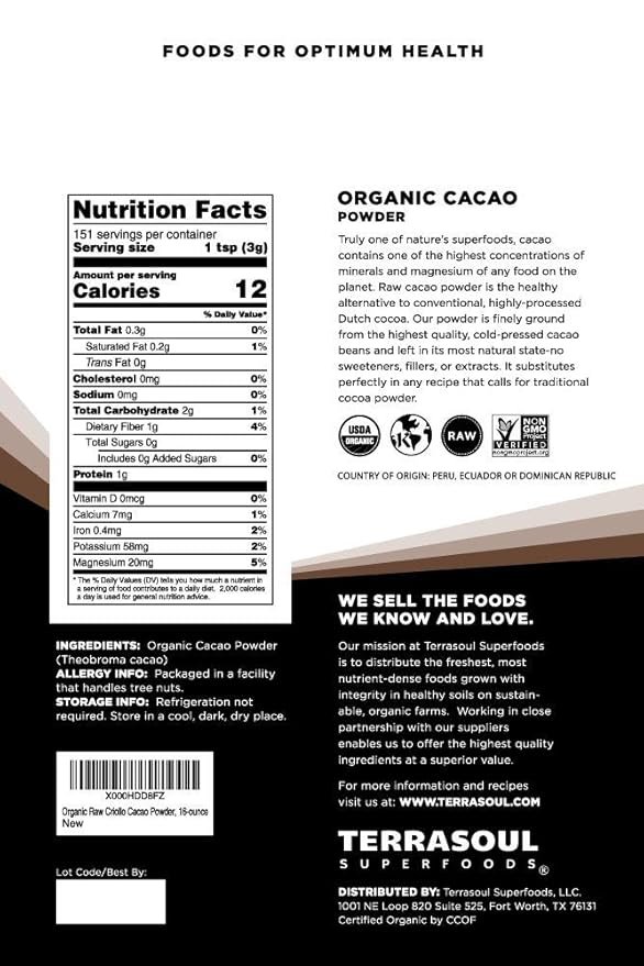 1 Terrasoul Superfoods Organic Cacao Powder 3lb Bundle (3-1lb Resealable Packages)