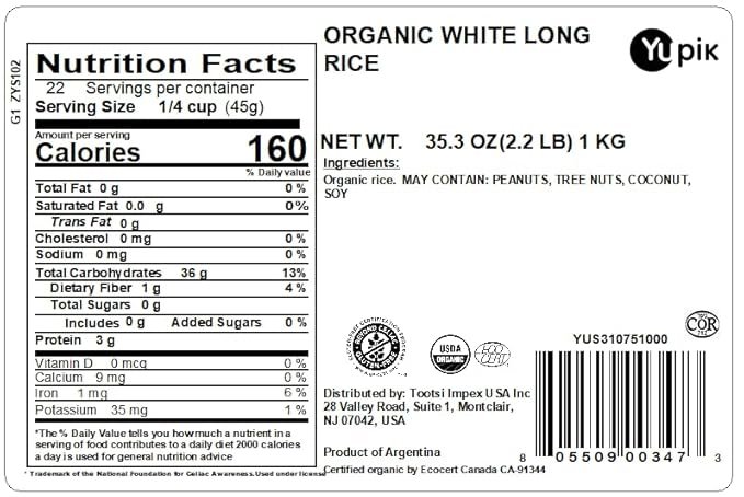 1 Yupik Organic White Long Rice, 2.2 Lb, Non-Gmo, Gluten-Free, Vegan, Good Source Of Protein, Fiber & Iron, Easy To Cook