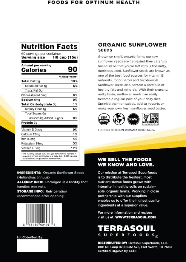 1 Terrasoul Superfoods Organic Hulled Sunflower Seeds, 2 Pounds