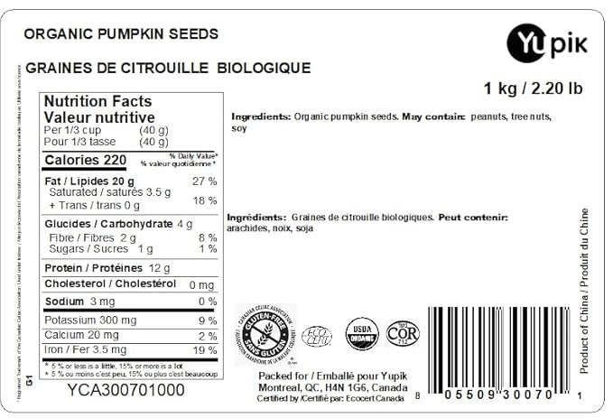 1 Yupik Organic Aa Pumpkin Seed Kernels, 2.2 lb, Non-GMO, Vegan, Gluten-Free