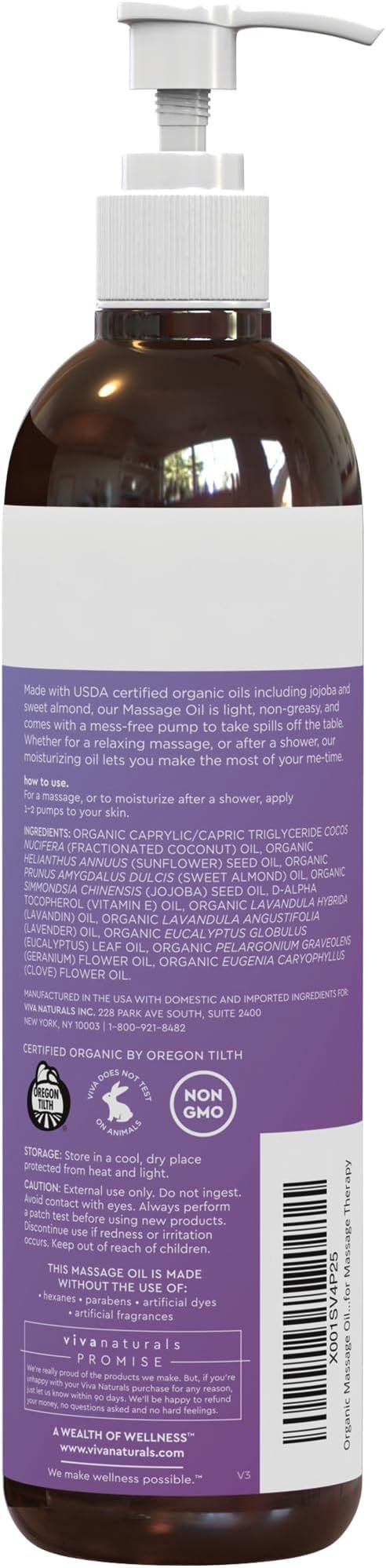 5 Viva Naturals Organic Massage Oil (8 fl. oz.) - Lavender Scented Relaxing Body Massage Oil for Massage Therapy - Perfect for Home Use & Professional Massages - Non-Greasy and Non-Sticky Formula