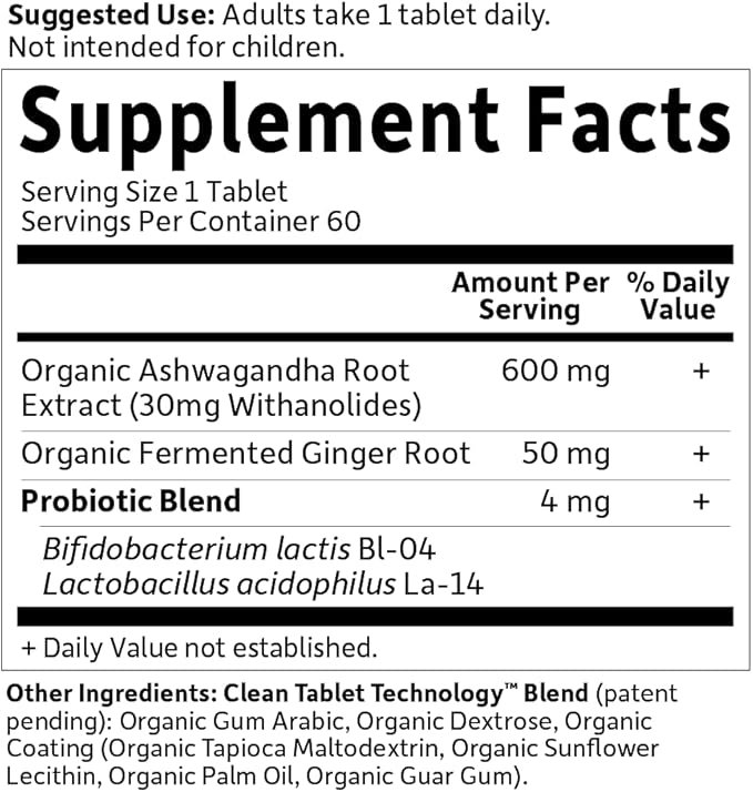 5 Garden of Life Organics Ashwagandha Stress, Mood & Energy Support Supplement with Probiotics & Ginger Root for Digestion - Vegan, Gluten Free, Non GMO – 2 Month Supply, 60 Tablets