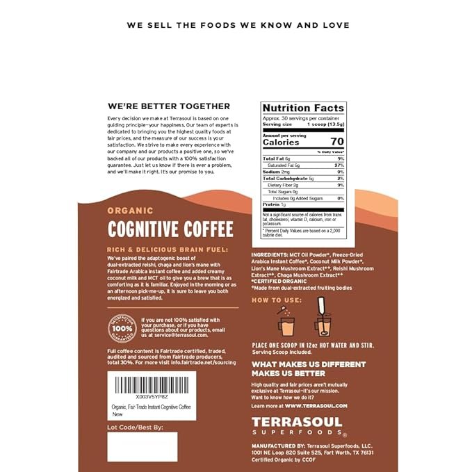 1 Terrasoul Superfoods Organic Cognitive Mushroom Coffee, 30 Servings, 14.29 Oz, Energize Your Morning and Boost Focus with Powerful Mushrooms, Compare to Ryze Mushroom Coffee