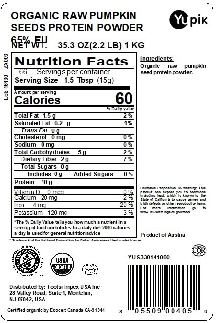 1 Yupik Organic Plant Based Raw Seeds Protein Powder, Pumpkin, 65% Eu, 2.2 lb, Non-GMO, Vegan, Gluten-Free, Pack of 1