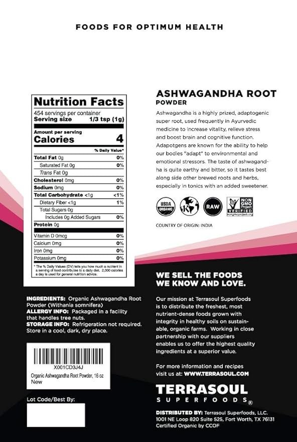 1 Terrasoul Superfoods Organic Ashwagandha Root Powder, 1 Lb - Stress Adaptogen | May Improve Sleep | Lab-Tested for Quality