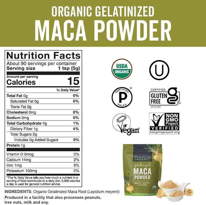 1 Viva Naturals Organic Maca Powder - Gelatinized Maca Powder Organic, Pervuian Superfood Traditionally Used for Energy, Certified Organic, Gluten-Free & Non-GMO, 16 Oz (1 lb) Bag