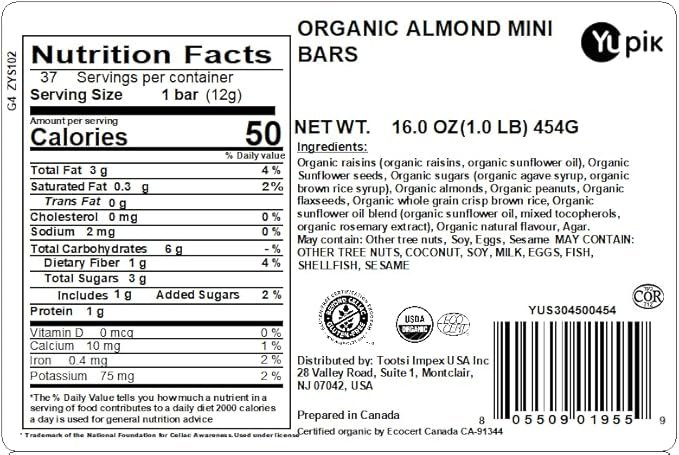 1 Yupik Organic Almond Mini Bars, 1 lb, Individually Wrapped, Healthy Snack On the Go, Nut Bars, Gluten-Free, All Organic Ingredients, Almonds, Peanuts, Flaxseeds, Sunflower Seeds, Raisins
