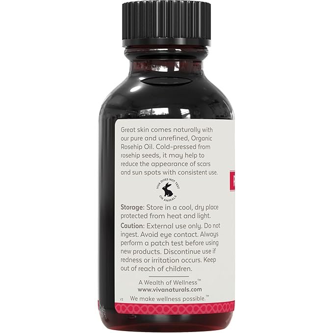 5 Viva Naturals Organic Rosehip Seed Oil (1 fl oz) - 100% Pure, Cold Pressed Moisturizing Rose hip Oil for Face, Hair, Dry Skin & Nails, Non-GMO