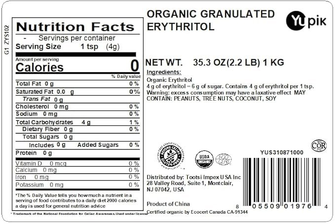 3 Yupik Organic Granulated Erythritol, 2.2 lb, Natural Sweetener Sugar Substitute, Diabetic-Friendly Sweetener, Sugar-Free Sweetener