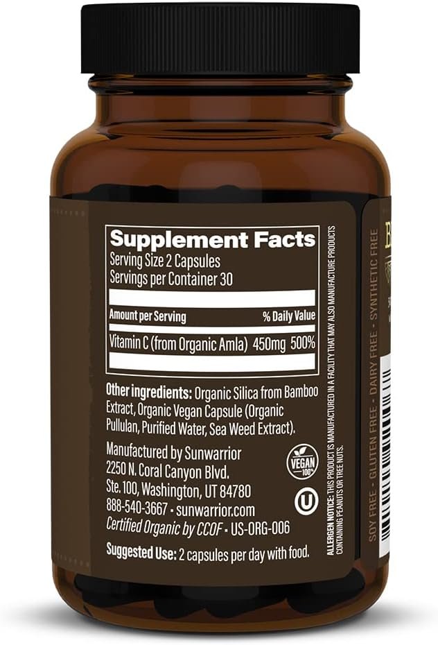 1 Sunwarrior Organic Vitamin C | Vitamin Supplement for Natural Vitamin C Sugar Free | Vitamin C Capsule 60ct (30 Servings) Be Well Line