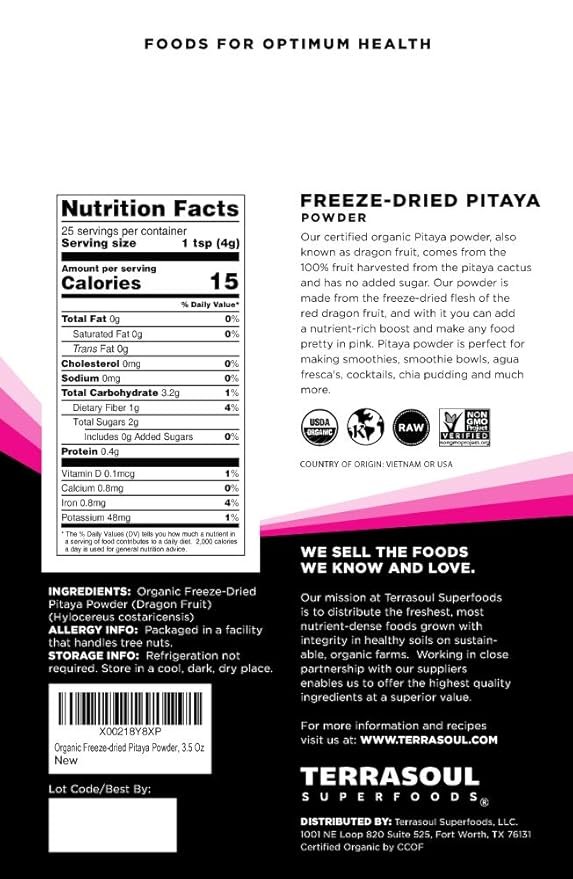 1 Terrasoul Superfoods Organic Freeze-Dried Pitaya Powder (Dragonfruit), 3.5 Oz - Vibrant Color | Antioxidants | Vitamin C