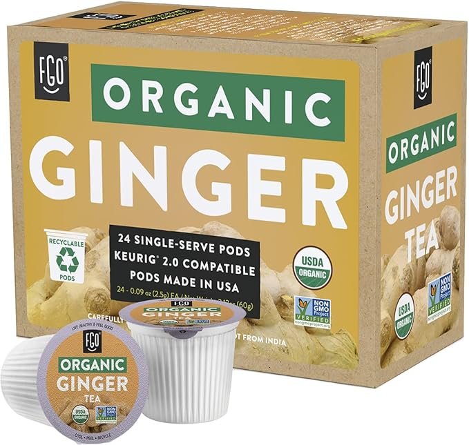 4 Organic Ginger Tea K-Cup Pods, 24 Pods by FGO - Keurig Compatible - Naturally Caffeine-Free Herbal Tea, Premium Ginger Tea is USDA Organic, Non-GMO, & Recyclable