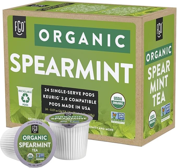 4 Organic Spearmint Tea K-Cup Pods, 24 Pods by FGO - Keurig Compatible - Naturally Caffeine-Free Herbal Tea, Premium Spearmint Tea is USDA Organic, Non-GMO, & Recyclable