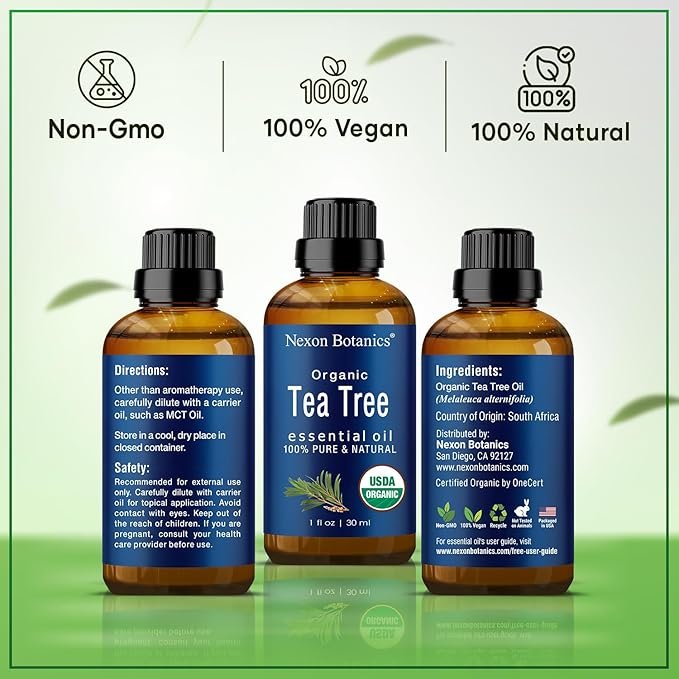 3 Organic Tea Tree Oil 30 ml - 100% Natural, Pure Essential Oil for Hair, Face, Skin Use, Scalp, Acne - Essential Oils for Aromatherapy, Diffuser, Humidifier - Nexon Botanics