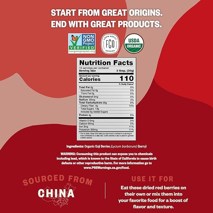 3 FGO Organic Goji Berries, Large & Chewy, from Ningxia, 16oz, Packaging May Vary (Pack of 1)