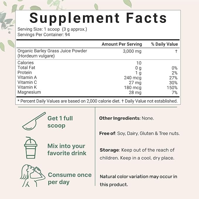 1 Micro Ingredients Organic Barley Grass Juice Powder, 10 Ounce, Cold Pressed, US Grown, Rich in Immune Vitamin, Fibers, Minerals, Antioxidants and Protein, Support Immune System and Digestion, Vegan
