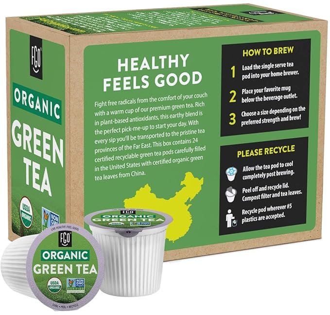 5 Organic Green Tea K-Cup Pods, 24 Pods by FGO - Keurig Compatible - Naturally Occurring Caffeine, Premium Green Tea is USDA Organic, Non-GMO, & Recyclable