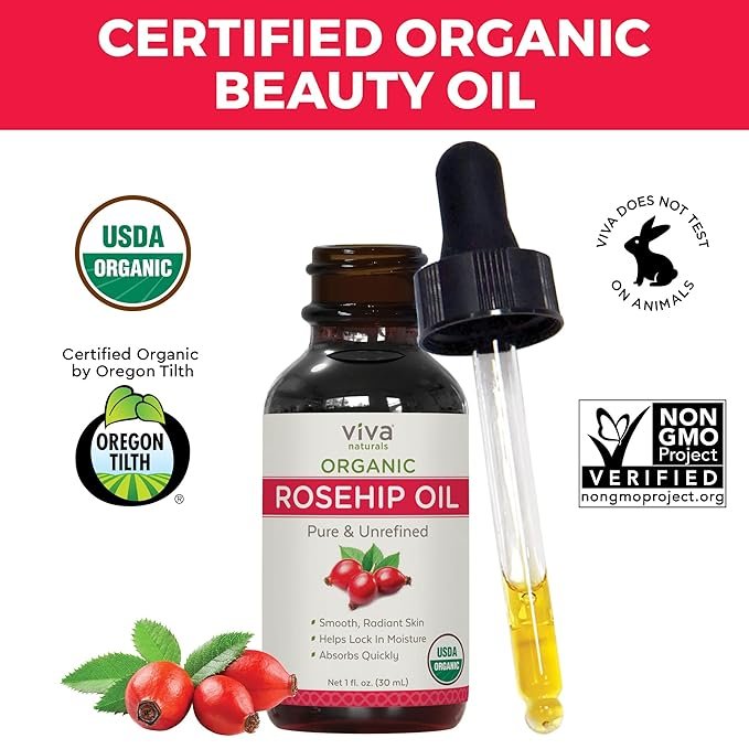 4 Viva Naturals Organic Rosehip Seed Oil (1 fl oz) - 100% Pure, Cold Pressed Moisturizing Rose hip Oil for Face, Hair, Dry Skin & Nails, Non-GMO