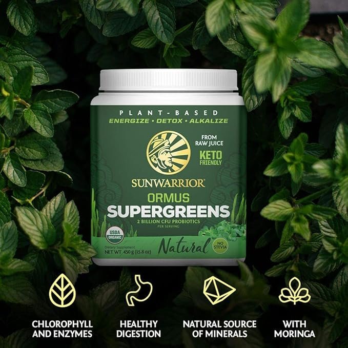 4 Sunwarrior Vegan Organic Greens Probiotic Powder | 2 Billion CFU Probiotics Organic Raw Juice Soy Free Gluten Free Dairy Free Sugar Free Kosher | Natural 90 Servings | Ormus Supergreens