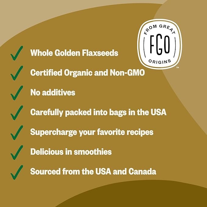 2 Organic Whole Golden Flax Seeds | Sproutable | Grown in USA | 16 oz Resealable Bag (1lb) | by FGO