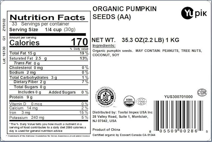 2 Yupik Organic Aa Pumpkin Seed Kernels, 2.2 lb, Non-GMO, Vegan, Gluten-Free