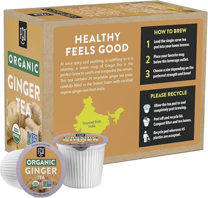 5 Organic Ginger Tea K-Cup Pods, 24 Pods by FGO - Keurig Compatible - Naturally Caffeine-Free Herbal Tea, Premium Ginger Tea is USDA Organic, Non-GMO, & Recyclable