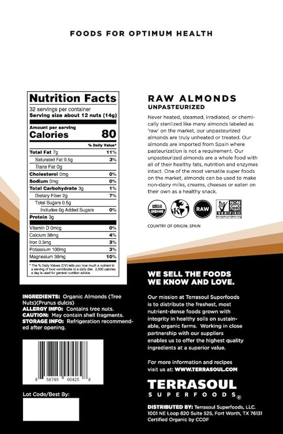 1 Terrasoul Superfoods Raw Unpasteurized Organic Almonds (Sproutable), 1 Pound