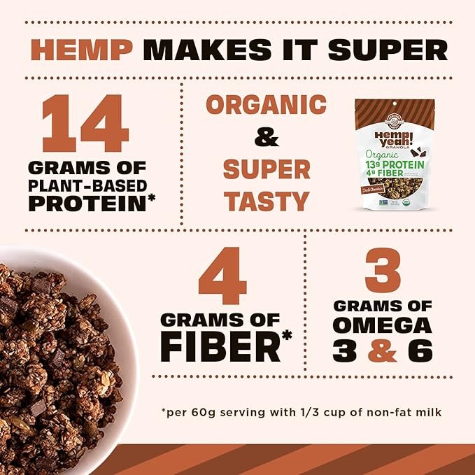 2 Manitoba Harvest Hemp Yeah! Granola, Dark Chocolate, 10oz, with 13 g of Protein, 3 g Omegas 3 & 6, 4 g of Fiber and less than 10 g Sugar Per Serving, Organic, Non-GMO, Packaging May Vary