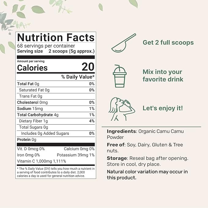 1 Organic Camu Camu Powder, 12 oz | High Natural Vitamin C Level | Fresh Freeze-Dried Berries Source | No GMOs, Vegan Friendly