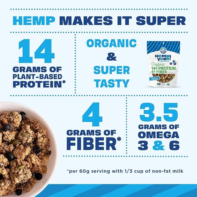 3 Manitoba Harvest Hemp Yeah! Granola, Blueberry, 10oz, with 10 g of Protein, 3.6 g Omegas, 3 g of Fiber and less than 10 g Sugar Per Serving, Organic, Non-GMO, Packaging May Vary