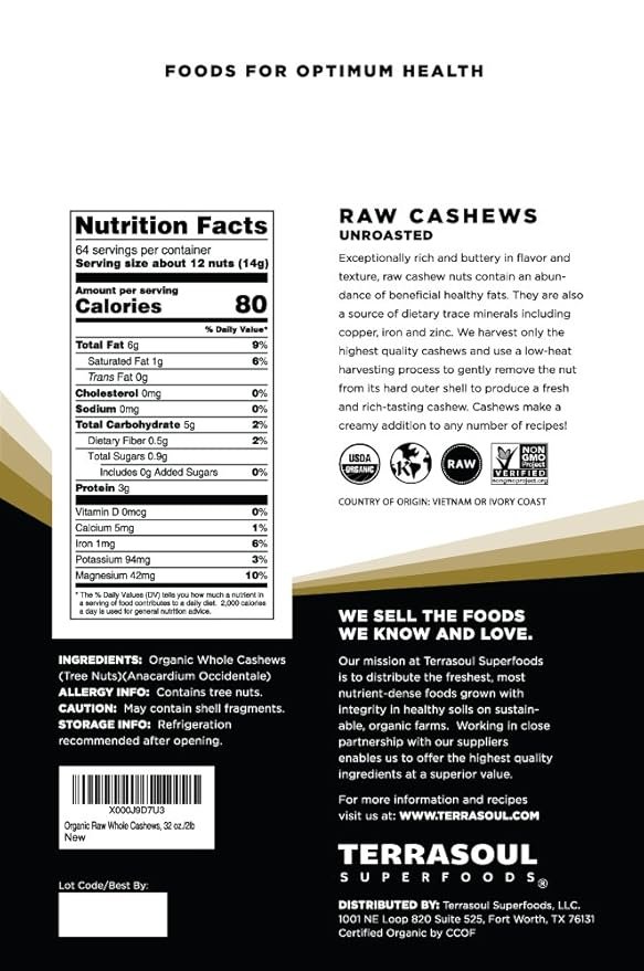 1 Terrasoul Superfoods Organic Raw Cashews, 6 Lbs (Pack of 3), Premium Quality for Snacking, Baking, and Culinary Creations