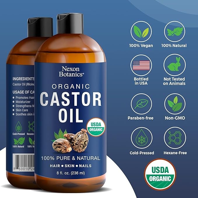 1 Nexon Botanics Organic Castor Oil 8 fl oz - Castor Oil Organic Cold Pressed Unrefined - Aceite De Ricino Organico - For Skin Care, Hair Care, Eyelashes, Eyebrows, Body