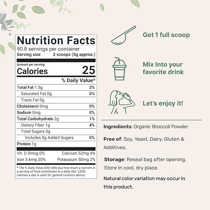 1 Organic Broccoli Powder, 1 Pound, Freeze Dried, Contains Natural DIM (Diindolylmethane), and Rich in Fiber and Immune Vitamin C, Green Superfood for Smoothie & Drinks, Vegan Friendly