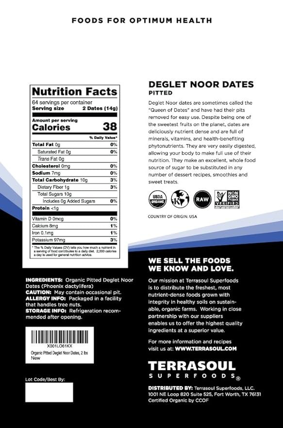 1 Terrasoul Superfoods Organic Deglet Dates, 2 Lbs - Pitted | Fresh | Natural Sweetener