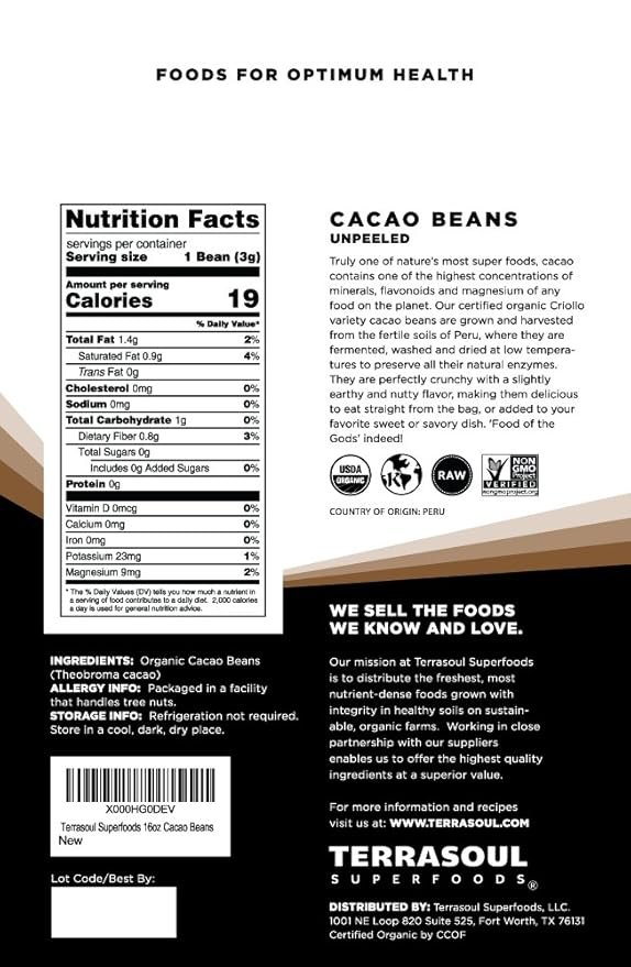 1 Terrasoul Superfoods Raw Organic Criollo Cacao Beans, 16 Oz, Raw Chocolate Goodness for Baking, Snacking, and Homemade Chocolate Creations