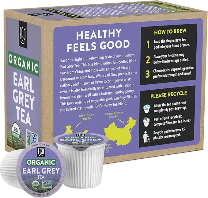 5 Organic Earl Grey Tea K-Cup Pods, 24 Pods by FGO - Keurig Compatible - Naturally Occurring Caffeine, Premium Earl Grey Black Tea is USDA Organic, Non-GMO, & Recyclable