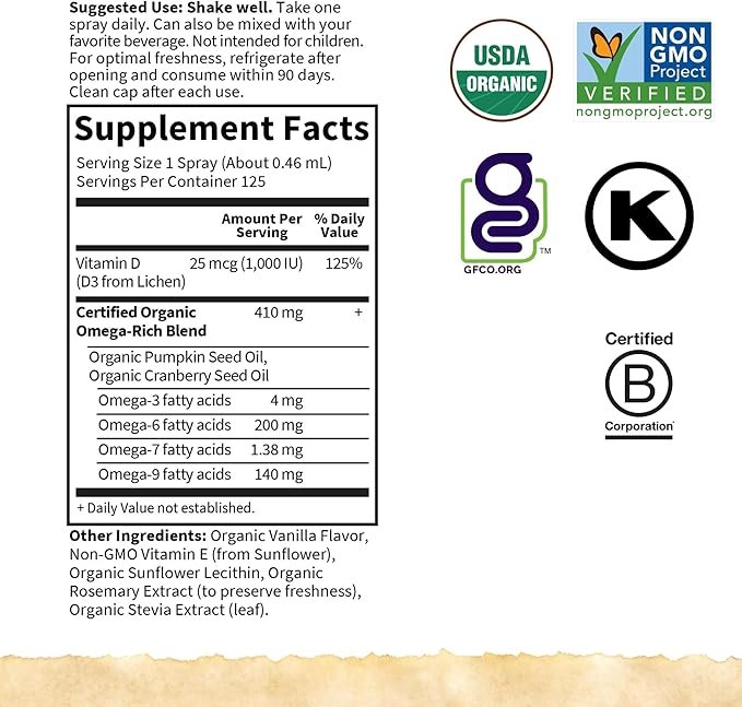 5 Garden of Life Organics Vegan Vitamin D3 for Women and Men, Liquid 1000 IU Per Spray, D3 Plus Omegas - Vanilla Flavor - 125 Servings - 2fl oz Liquid Whole Food D3 Vitamin Supplement