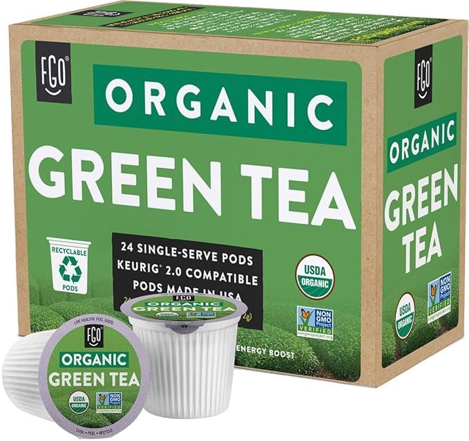 4 Organic Green Tea K-Cup Pods, 24 Pods by FGO - Keurig Compatible - Naturally Occurring Caffeine, Premium Green Tea is USDA Organic, Non-GMO, & Recyclable