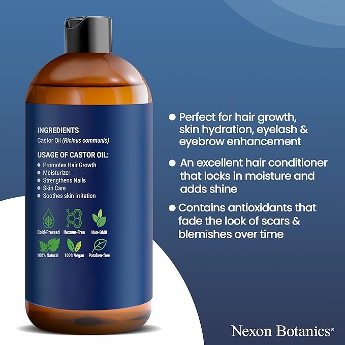 3 Nexon Botanics Organic Castor Oil 8 fl oz - Castor Oil Organic Cold Pressed Unrefined - Aceite De Ricino Organico - For Skin Care, Hair Care, Eyelashes, Eyebrows, Body