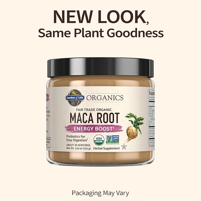 1 Garden of Life Organics Fair Trade Gelatinized Peruvian Maca Root Energy Boost 7.93 oz (225g) Powder with Probiotics, Certified Organic, Non-GMO, Vegan & Gluten Free Herbal Supplements