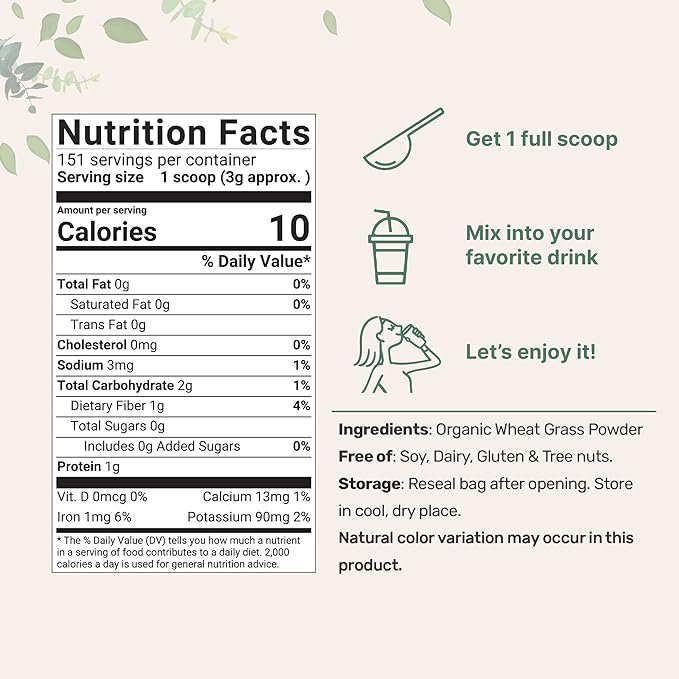 1 Micro Ingredients Sustainably US Grown, Organic Wheat Grass Powder (100% Whole-Leaf), 16 Ounce, Rich in Immune Vitamins, Fibers and Minerals, Support Digestion Function, Vegan Friendly