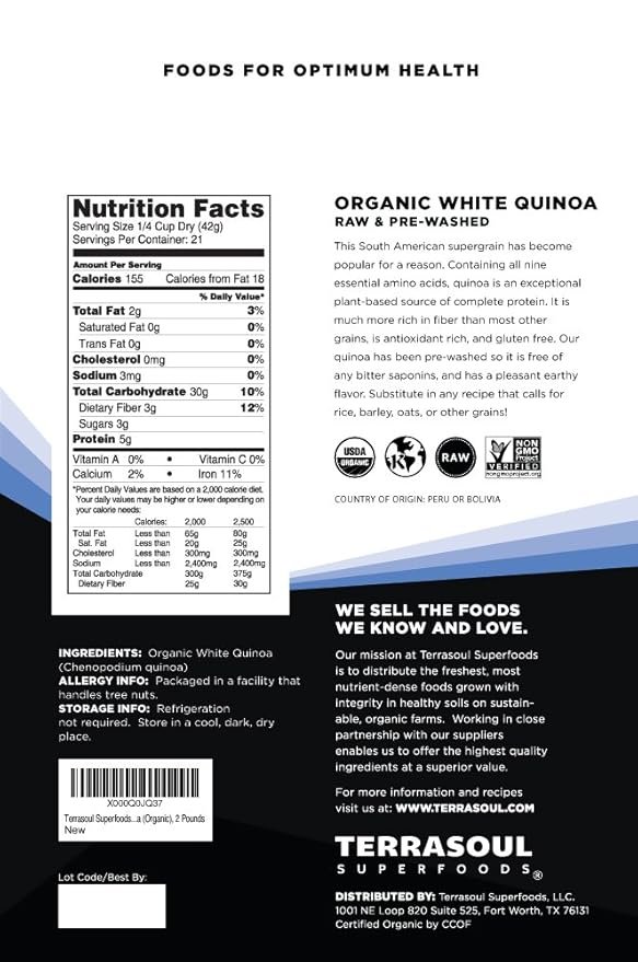 1 Terrasoul Superfoods Organic White Quinoa, 2 Lbs - Pre-washed | Gluten-free | Plant Protein