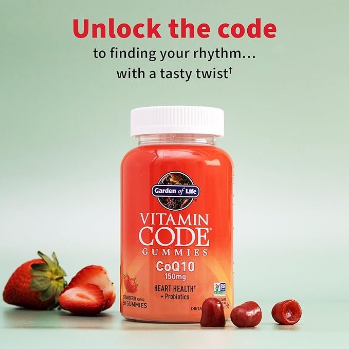 2 CoQ10 Gummies 150 mg, Coenzyme Q10 for Heart Health, Energy Production & Healthy Aging + Prebiotics & Probiotics for Digestion, Vitamin Code Non-GMO, Gluten-Free, 60 Strawberry Gummies, 30 Day Supply